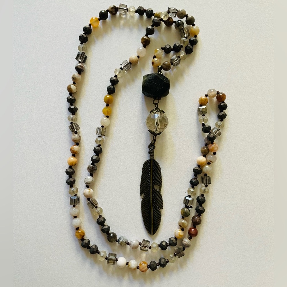 Boho Feather Pendant hand knotted Beaded Necklace
